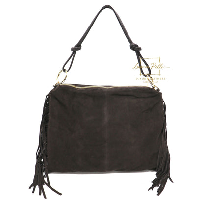 Medium Italian Suede Fringe Bag with Shoulder and Crossbody Straps: Handmade Genuine Cowhide Suede Flat Purse