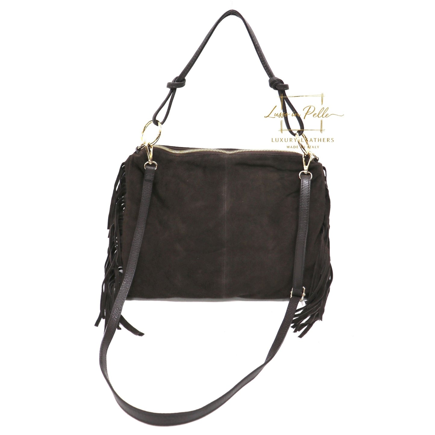 Medium Italian Suede Fringe Bag with Shoulder and Crossbody Straps: Handmade Genuine Cowhide Suede Flat Purse