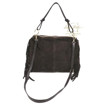 Medium Italian Suede Fringe Bag with Shoulder and Crossbody Straps: Handmade Genuine Cowhide Suede Flat Purse