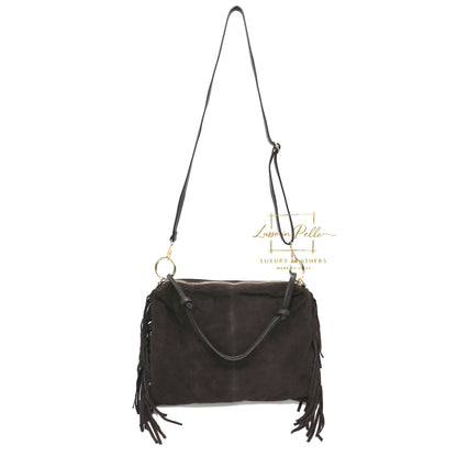 Medium Italian Suede Fringe Bag with Shoulder and Crossbody Straps: Handmade Genuine Cowhide Suede Flat Purse