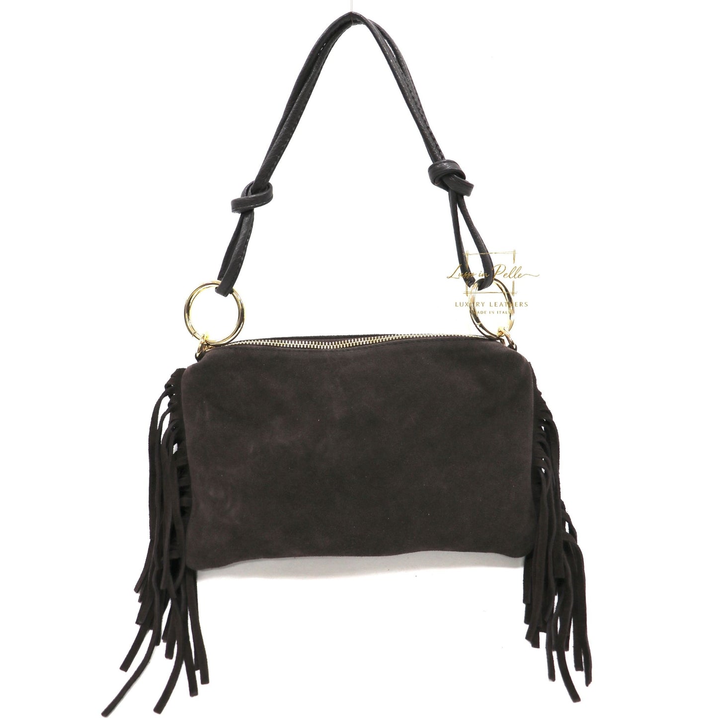 Small Italian Suede Fringe Bag with Shoulder and Crossbody Straps: Handmade Genuine Cowhide Suede Flat Purse