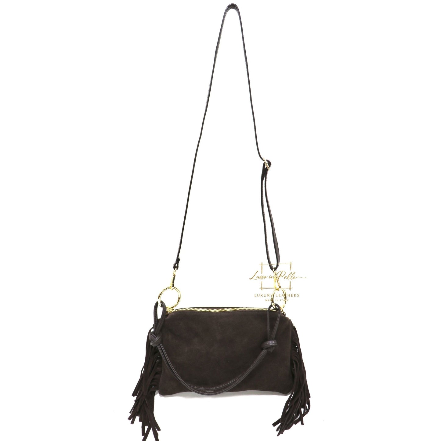 Small Italian Suede Fringe Bag with Shoulder and Crossbody Straps: Handmade Genuine Cowhide Suede Flat Purse