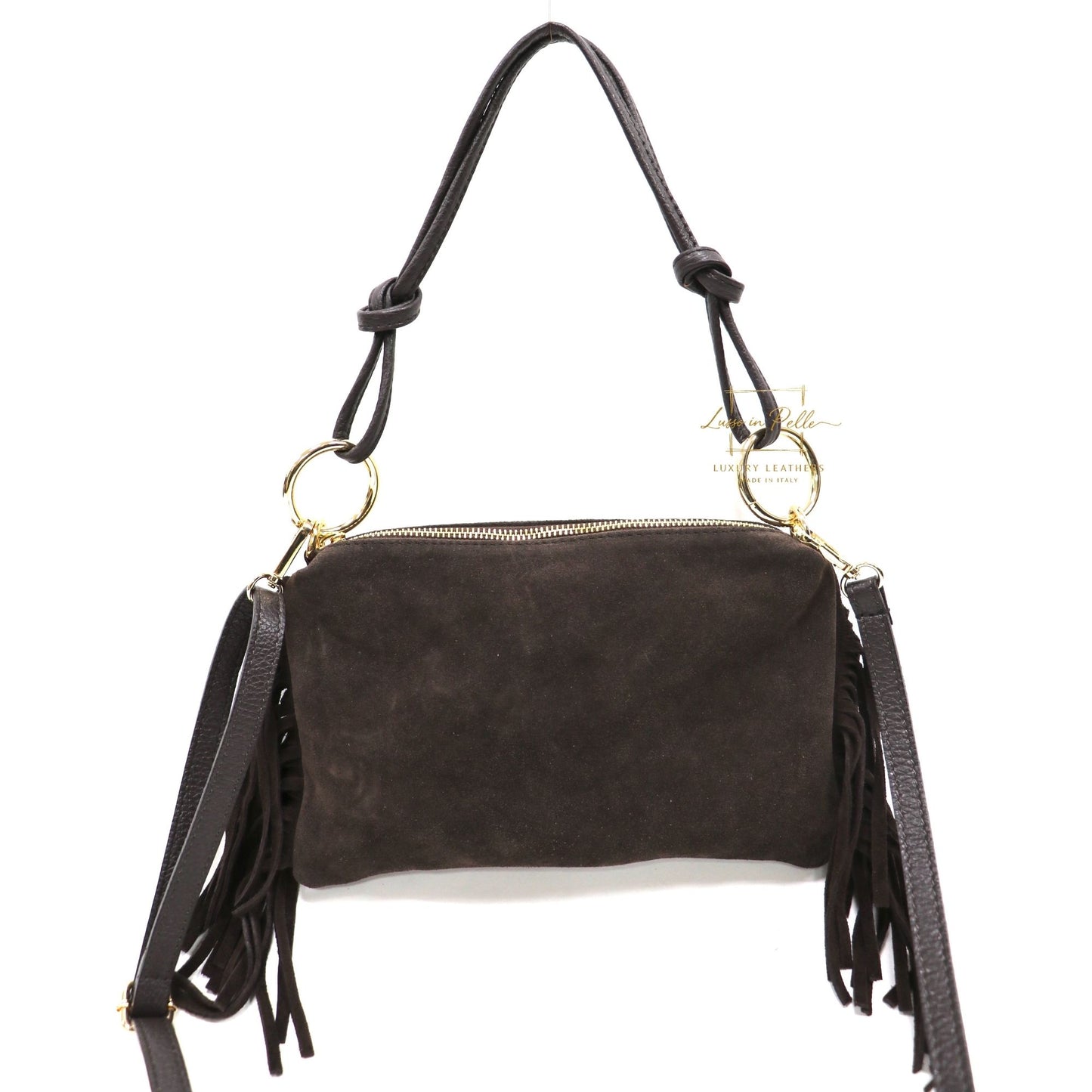 Small Italian Suede Fringe Bag with Shoulder and Crossbody Straps: Handmade Genuine Cowhide Suede Flat Purse