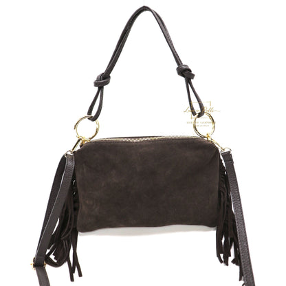 Small Italian Suede Fringe Bag with Shoulder and Crossbody Straps: Handmade Genuine Cowhide Suede Flat Purse