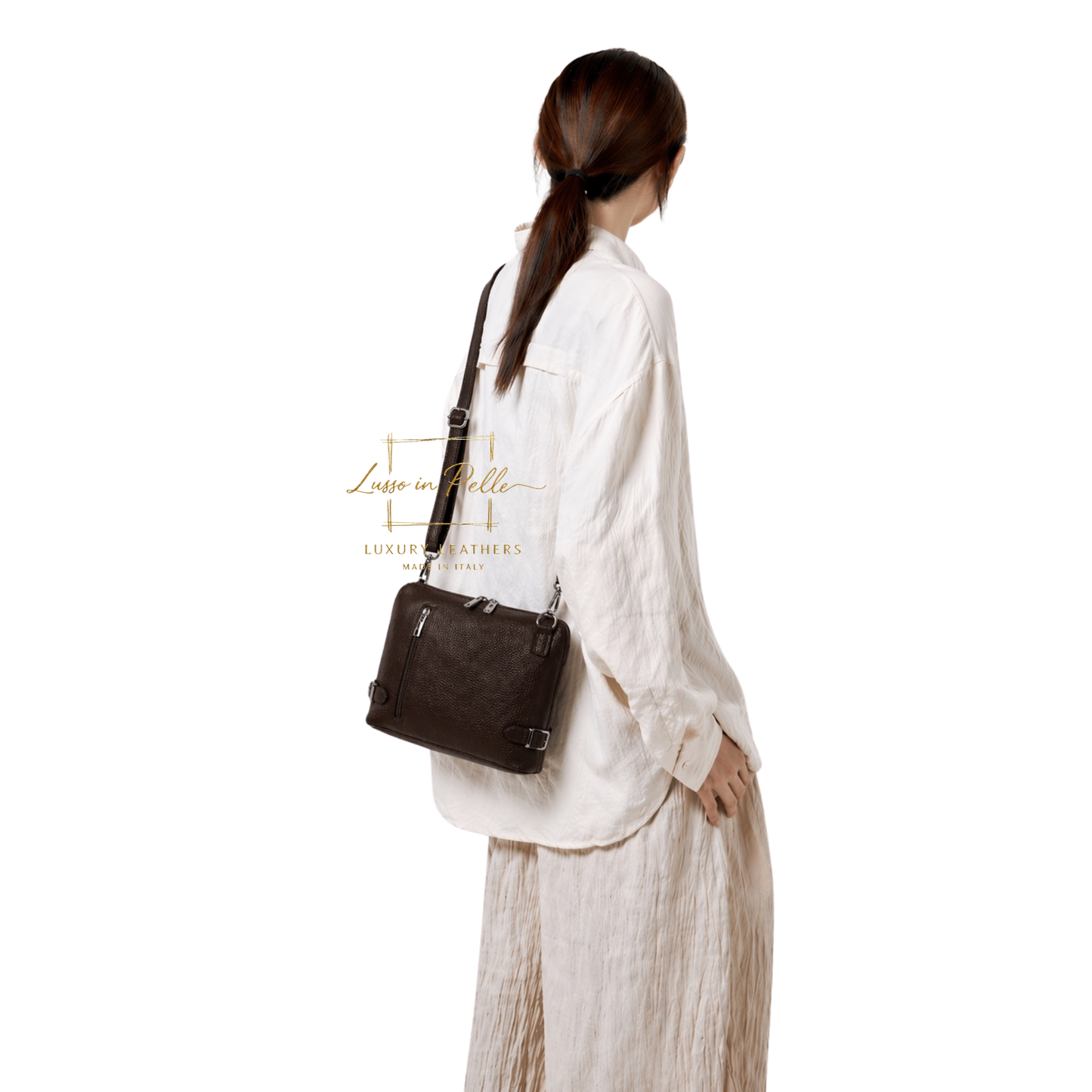 Rectangular Structured Italian Grain Leather Crossbody Bag with Adjustable Straps
