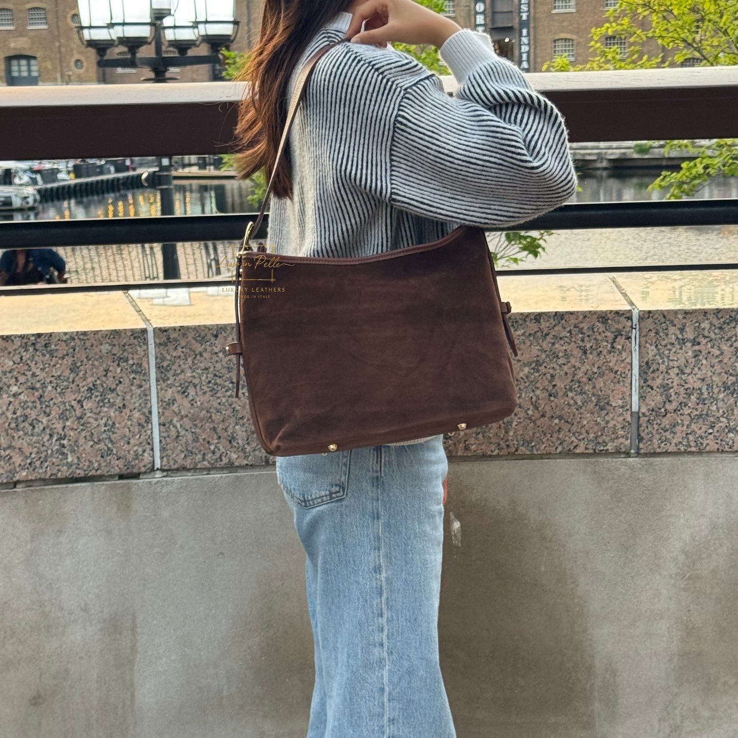 Medium Suede Handbag with Adjustable Leather Straps - chocolate when worn