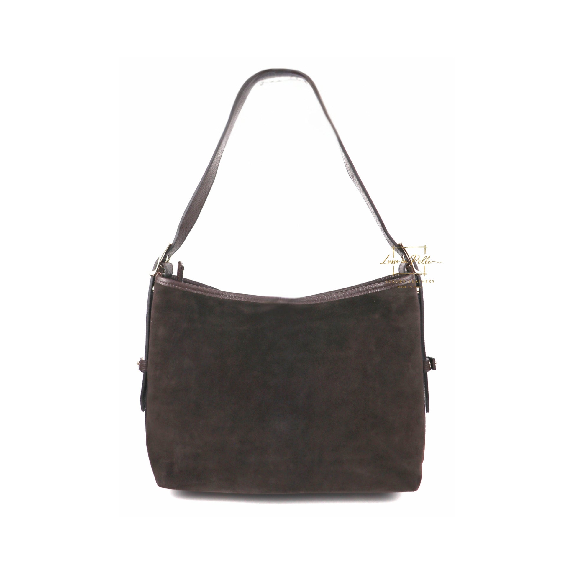 Medium Suede Handbag with Adjustable Leather Straps - Chocolate