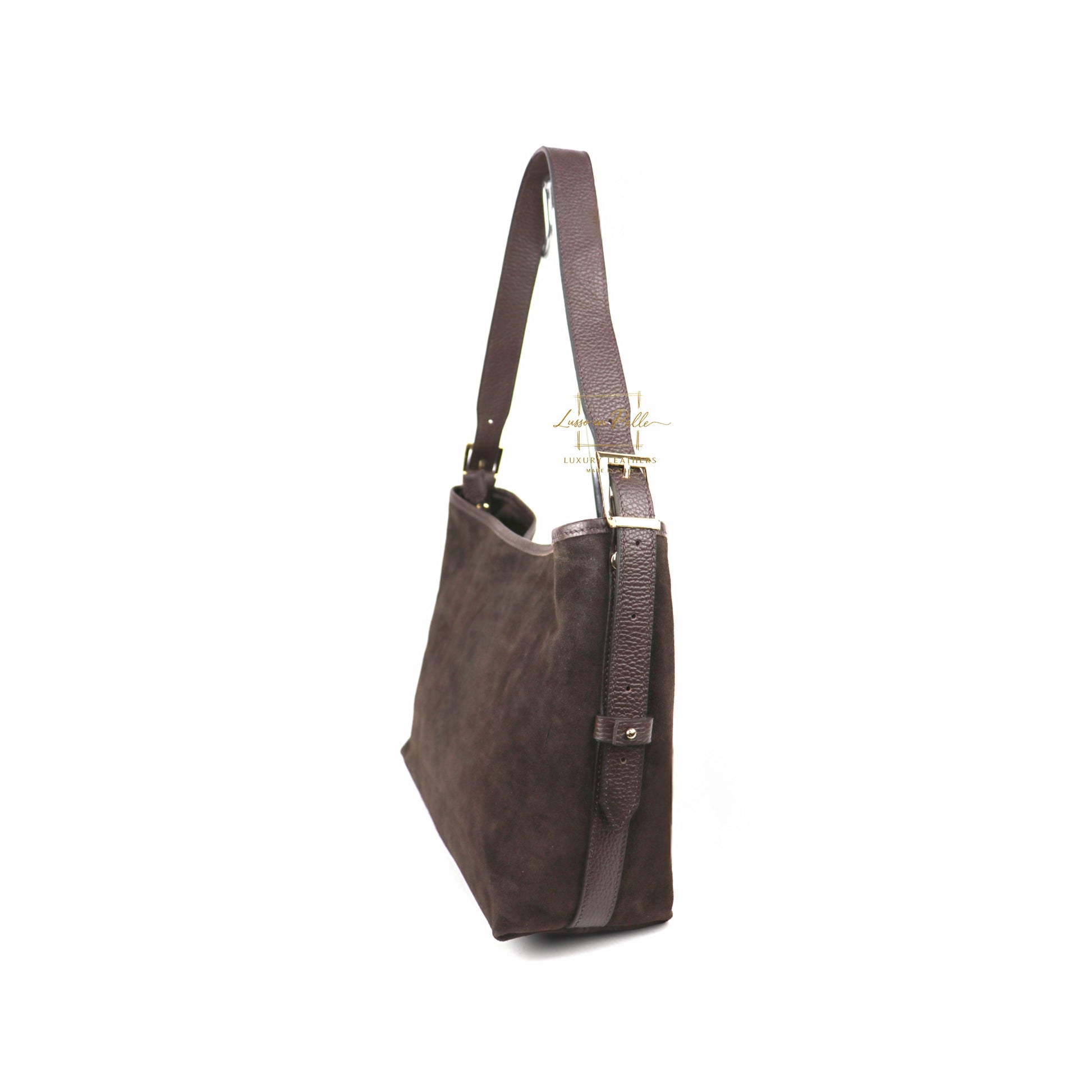 Medium Suede Handbag with Adjustable Leather Straps - chocolate