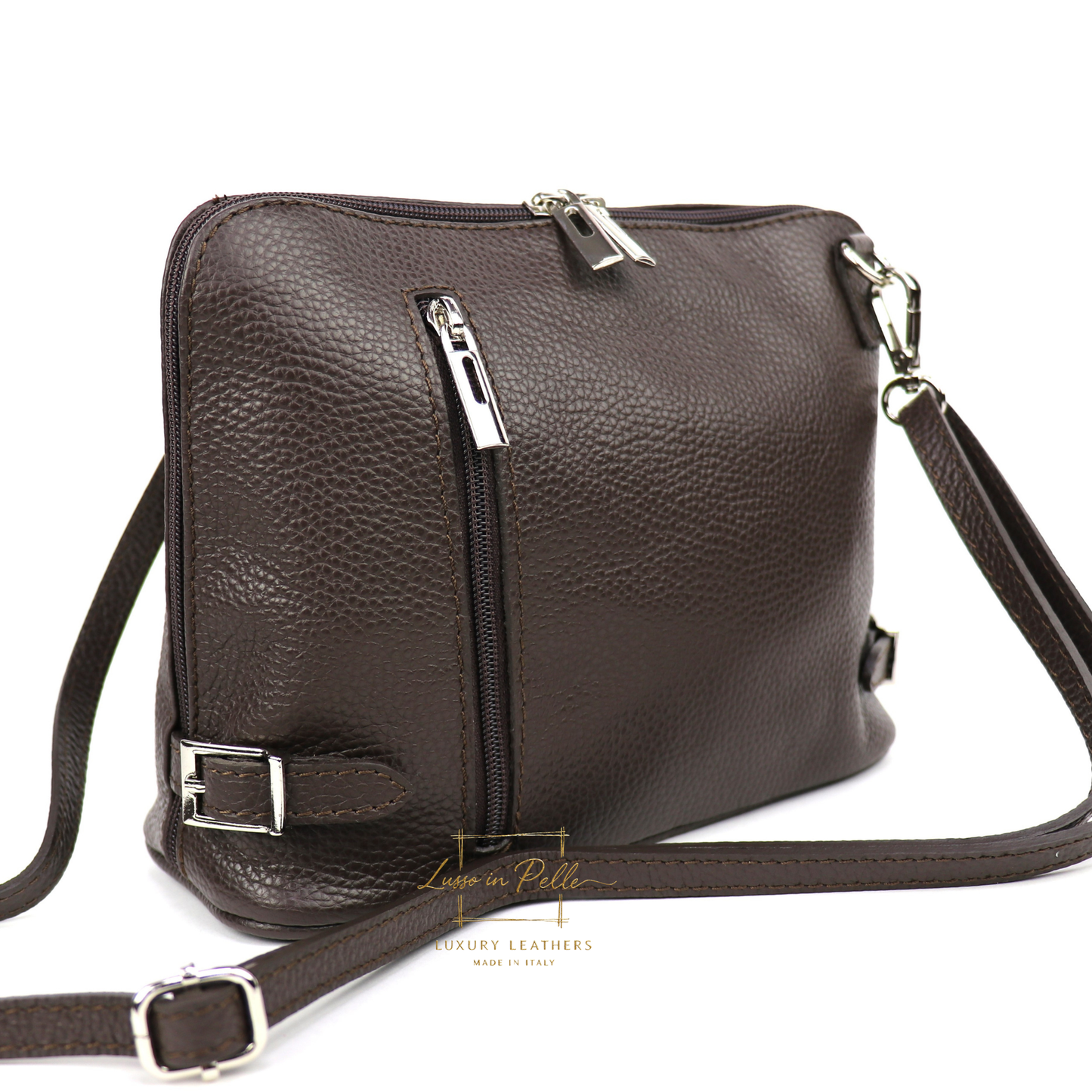 Rectangular Structured Italian Grain Leather Crossbody Bag with Adjustable Straps