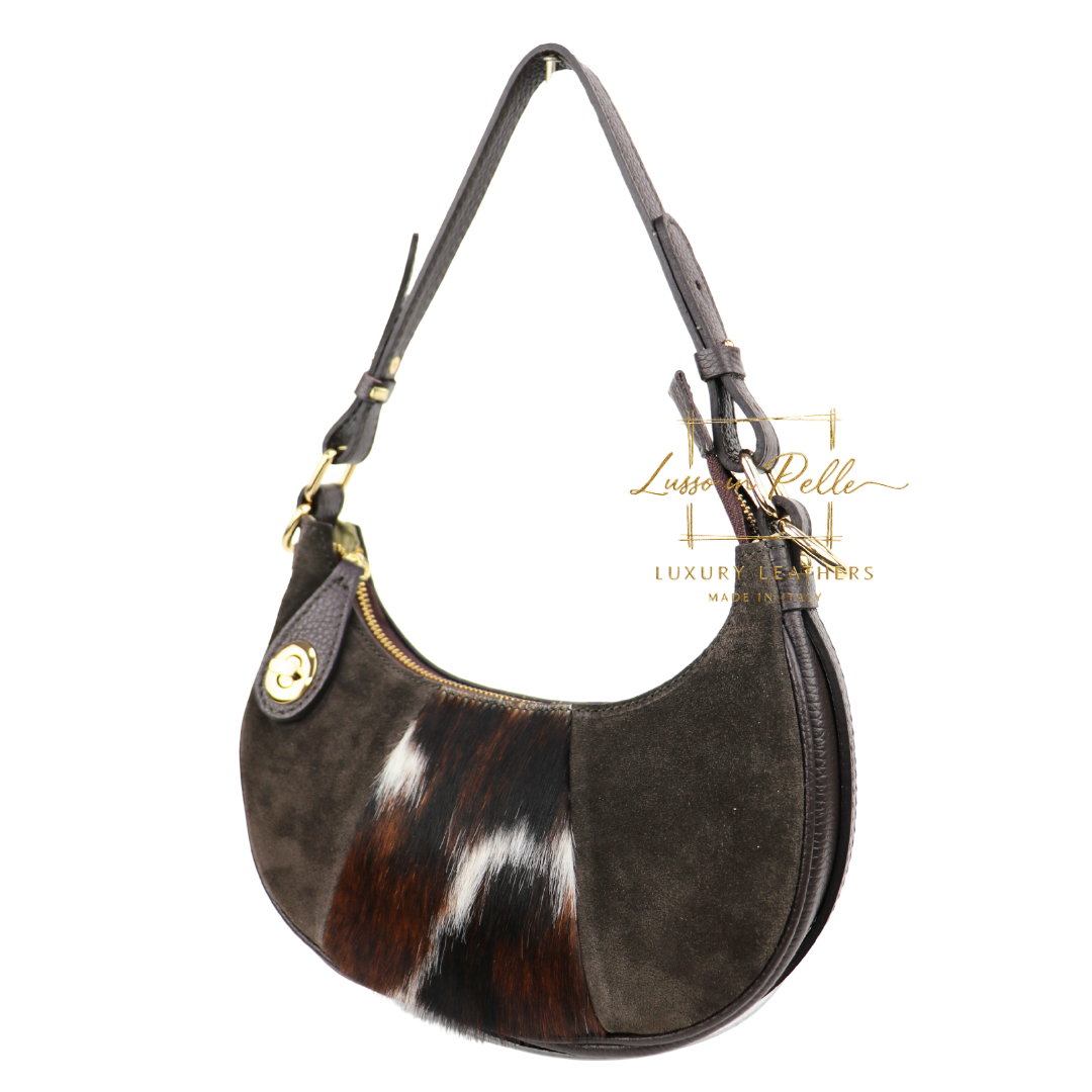 Small Half Moon Genuine Grain Leather Bag with Suede Front & Pony Hair Detail