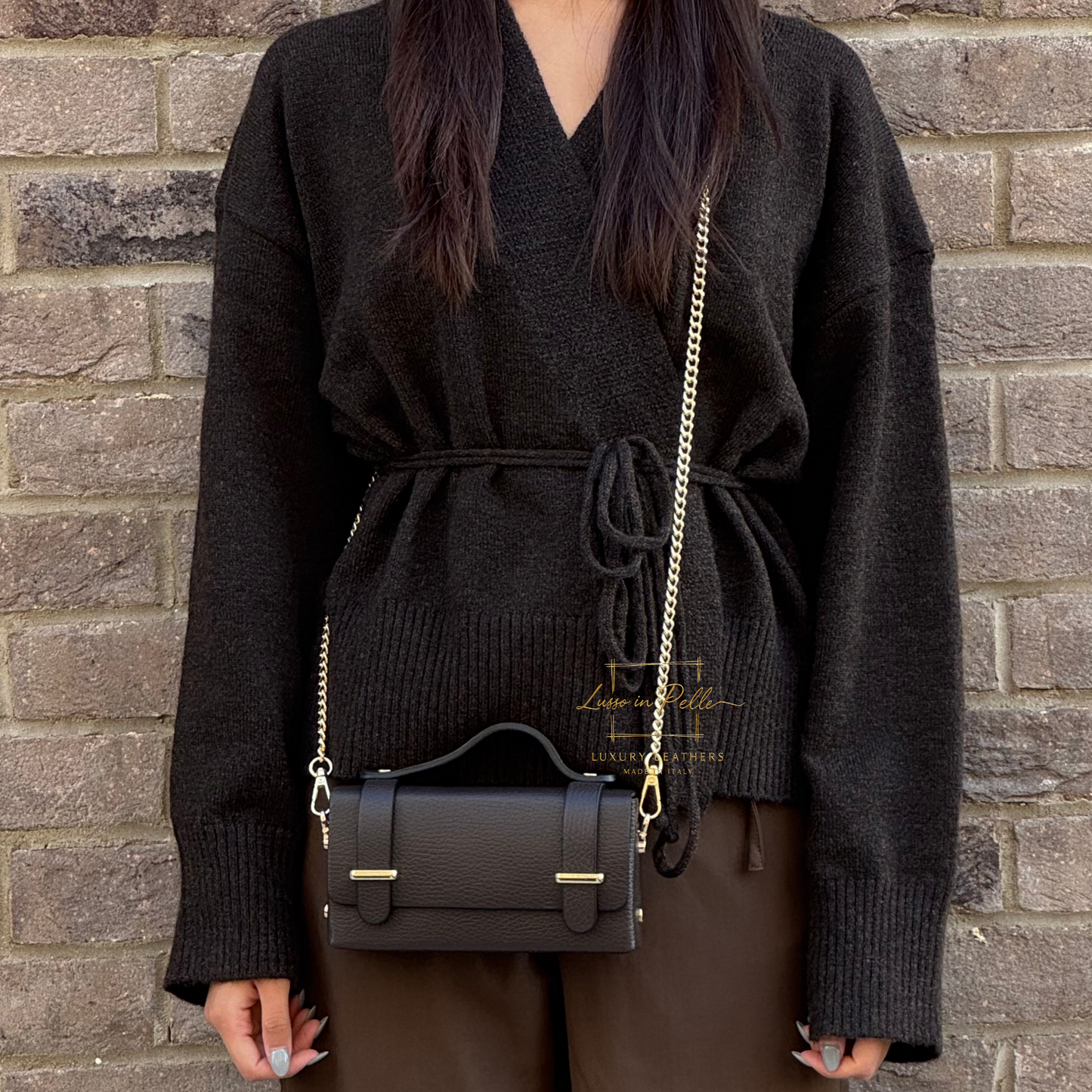 Small Genuine Leather Satchel Bag with Top Handle and Chain Straps