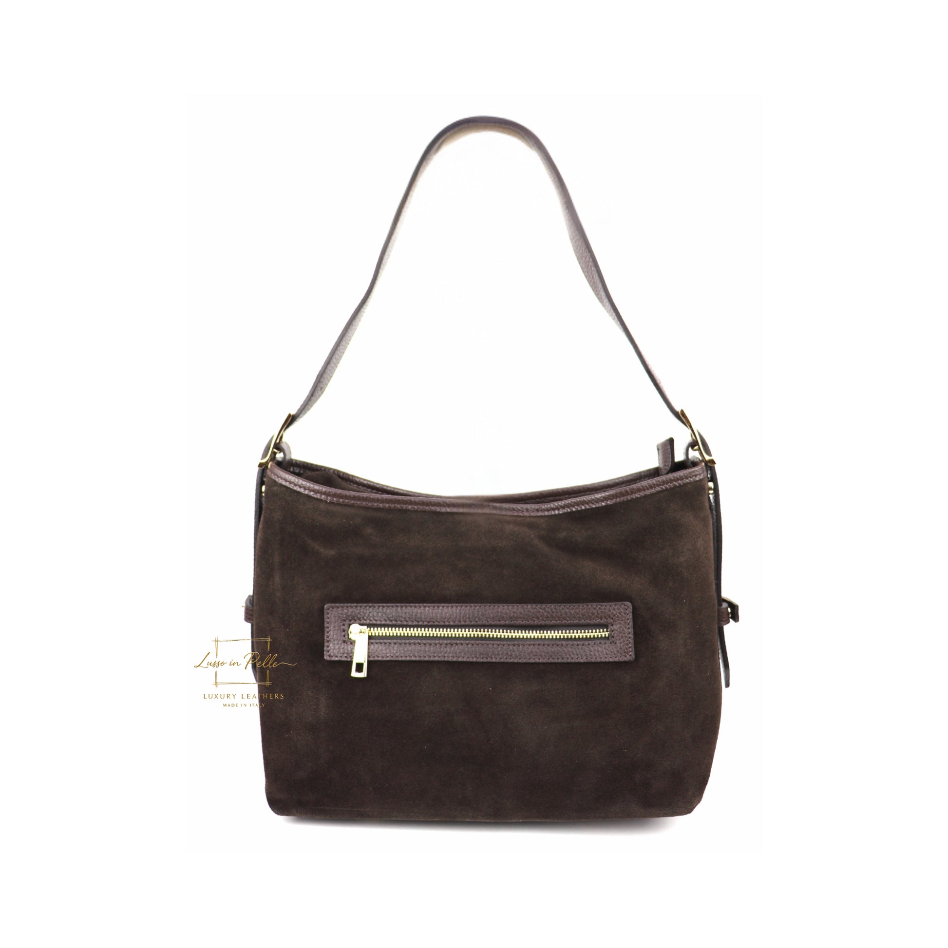 Medium Suede Handbag with Adjustable Leather Straps - chocolate