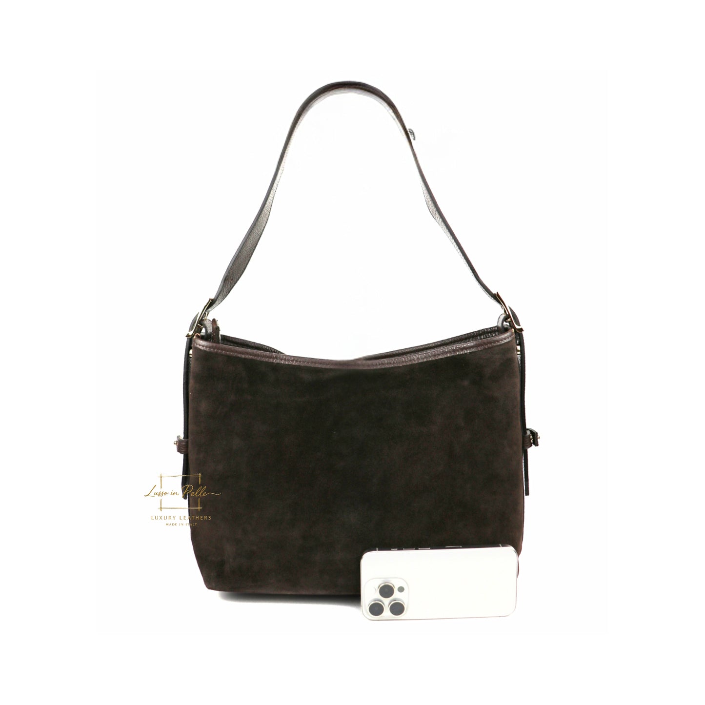 Medium Suede Handbag with Adjustable Leather Straps - chocolate