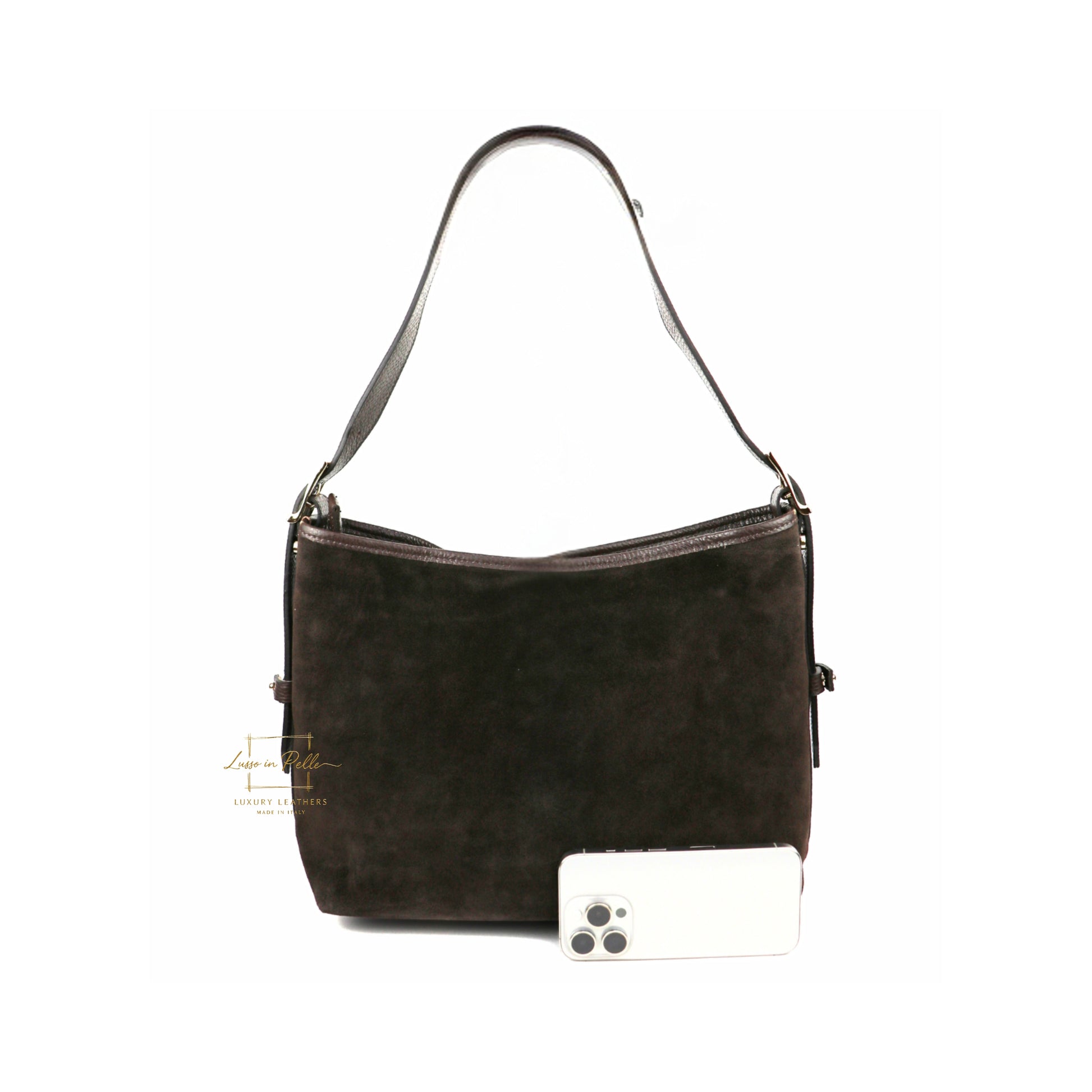 Medium Suede Handbag with Adjustable Leather Straps - chocolate
