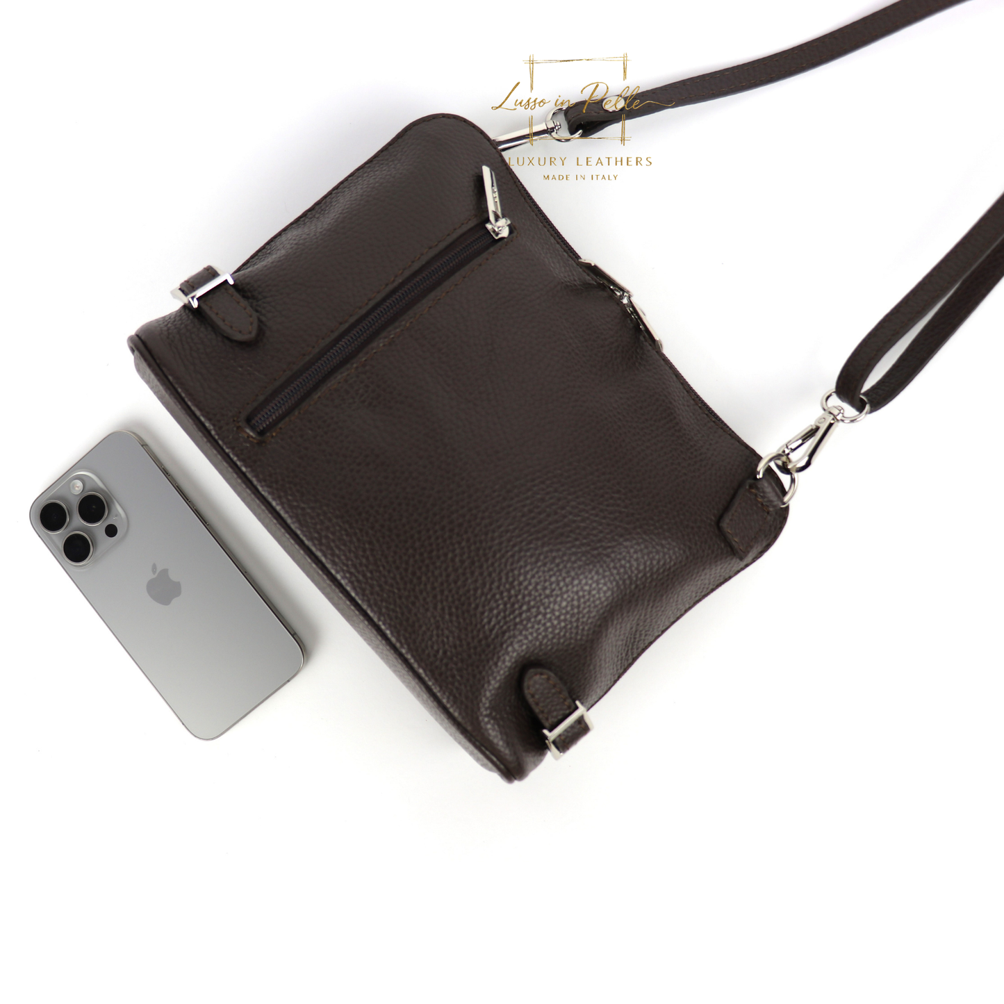 Rectangular Structured Italian Grain Leather Crossbody Bag with Adjustable Straps