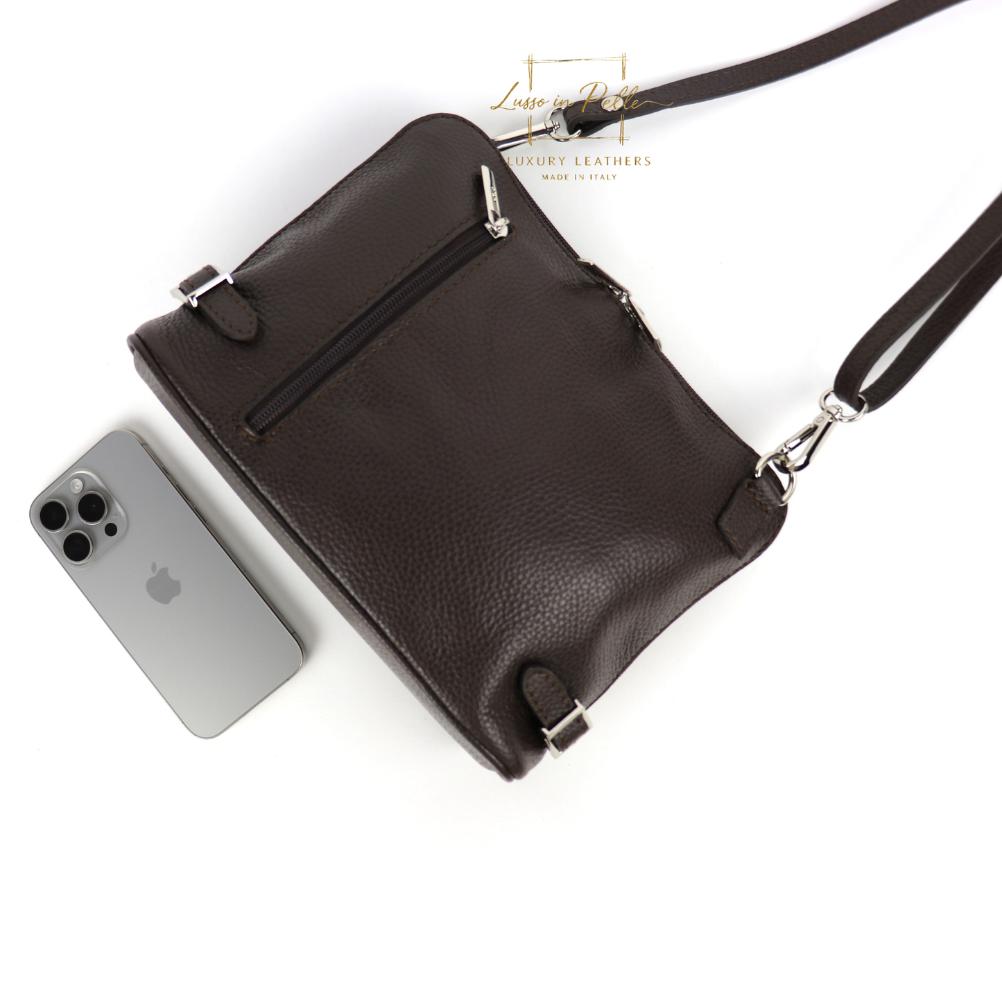 Rectangular Structured Italian Grain Leather Crossbody Bag with Adjustable Straps