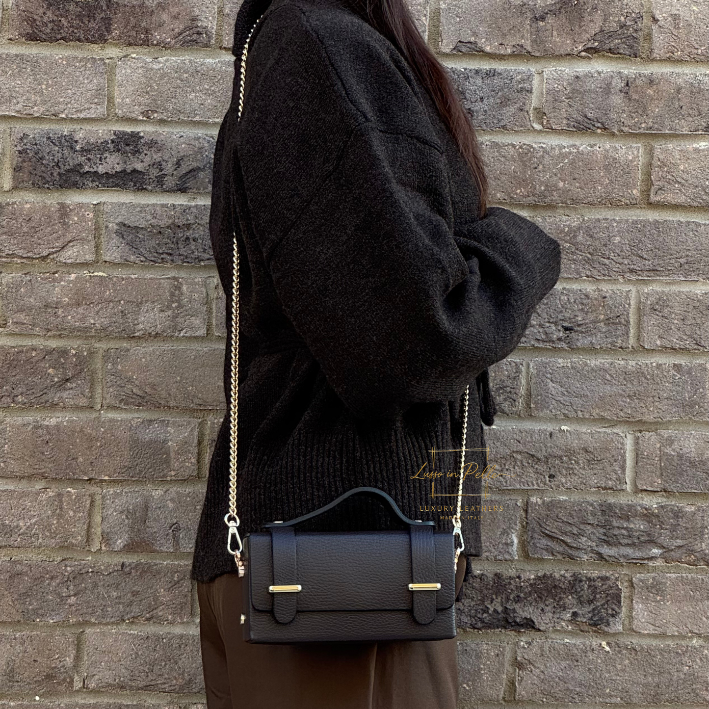 Small Genuine Leather Satchel Bag with Top Handle and Chain Straps