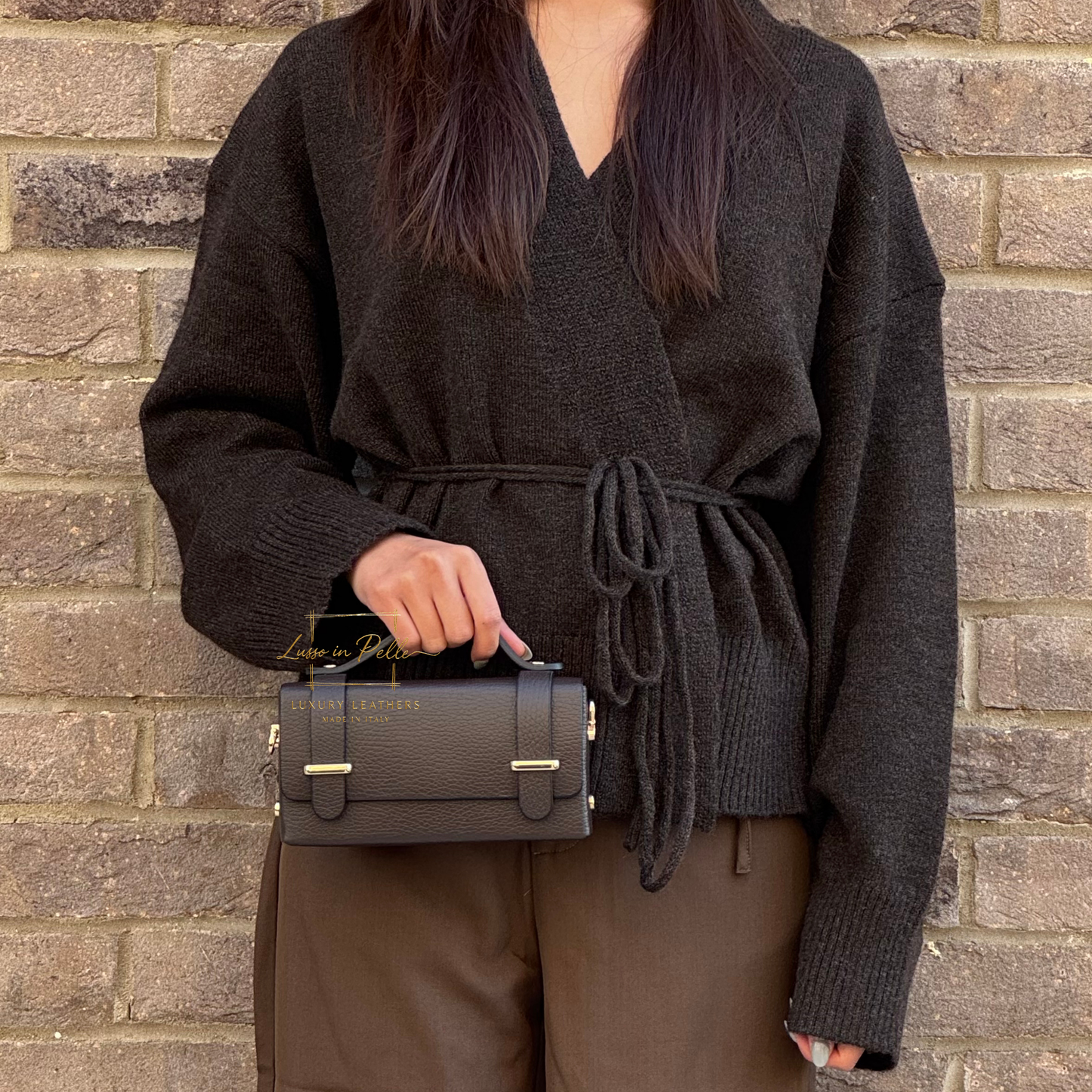 Small Genuine Leather Satchel Bag with Top Handle and Chain Straps