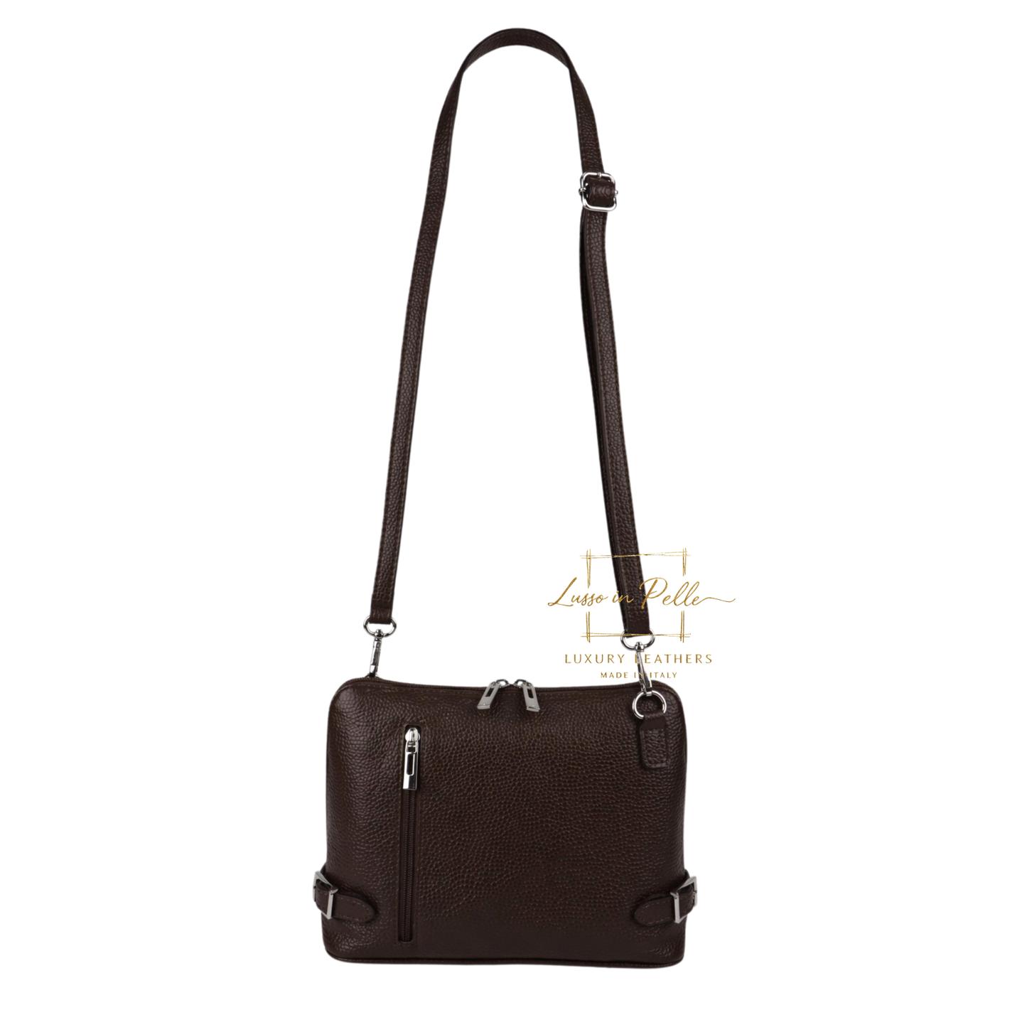 Rectangular Structured Italian Grain Leather Crossbody Bag with Adjustable Straps