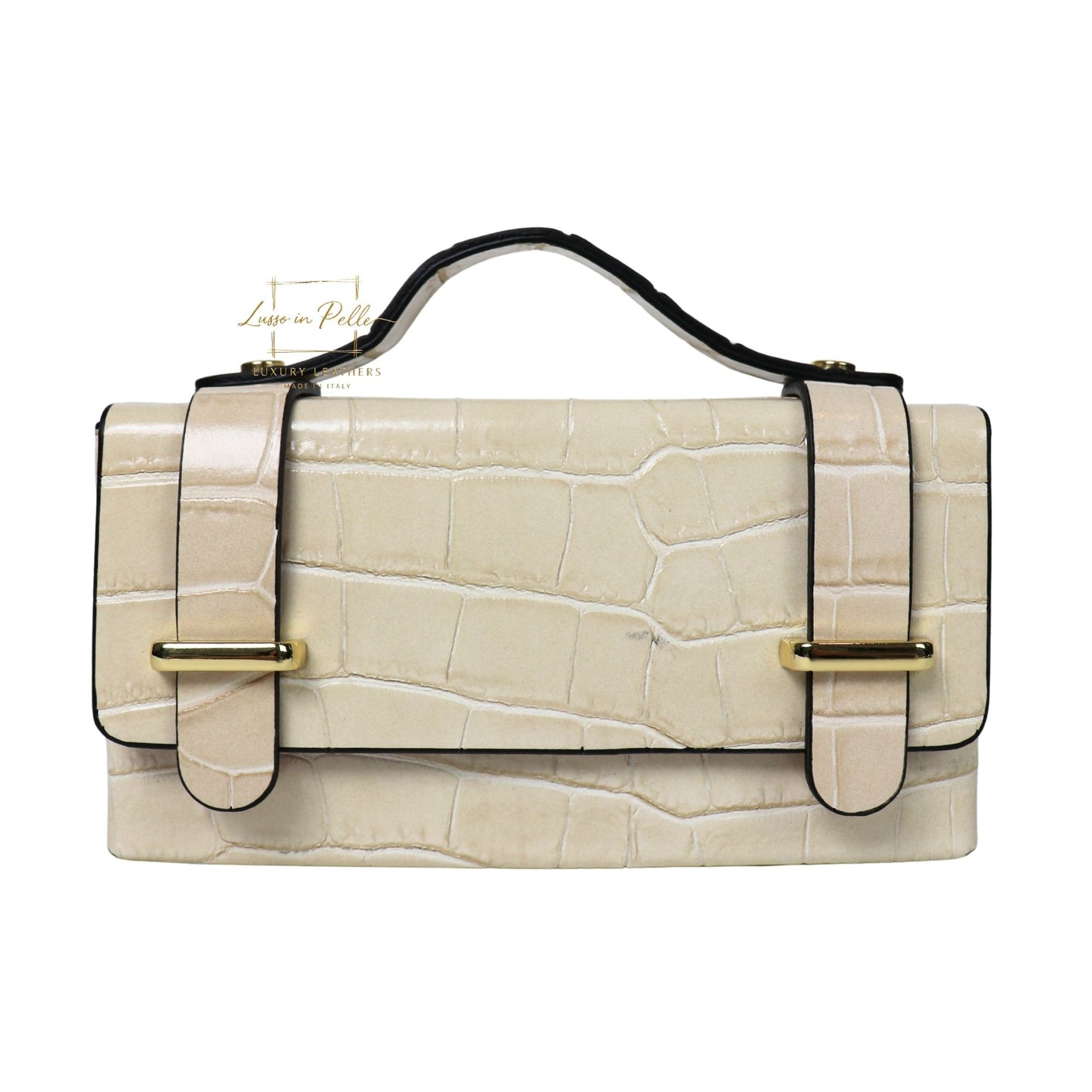 Croc-Embossed Leather Top Handle Bag with Gold Chain Strap