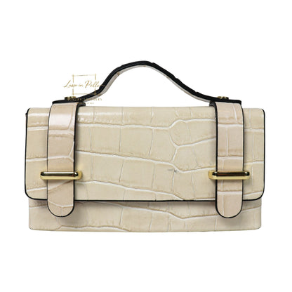 Croc-Embossed Leather Top Handle Bag with Gold Chain Strap