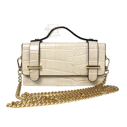 Croc-Embossed Leather Top Handle Bag with Gold Chain Strap