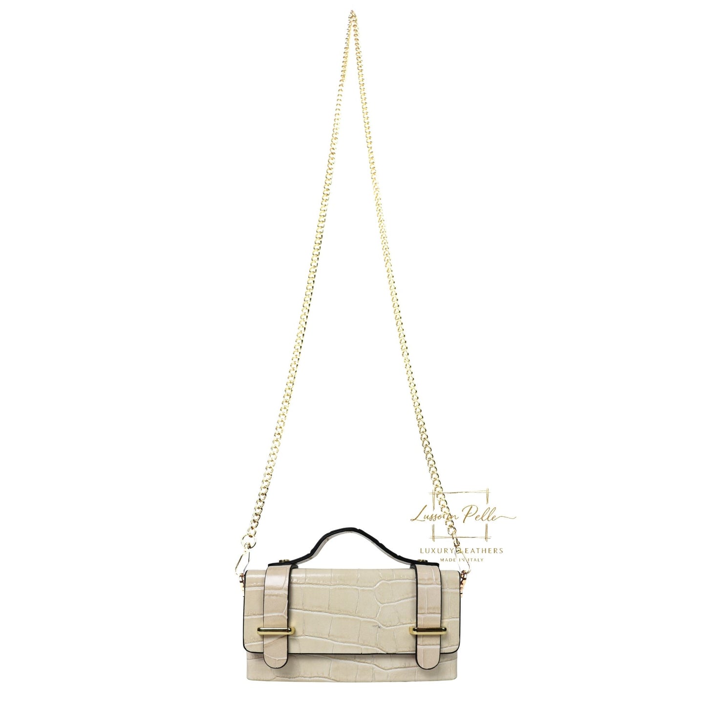 Croc-Embossed Leather Top Handle Bag with Gold Chain Strap