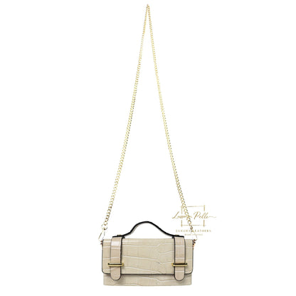 Croc-Embossed Leather Top Handle Bag with Gold Chain Strap