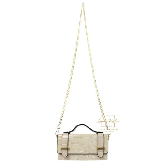 Croc-Embossed Leather Top Handle Bag with Gold Chain Strap