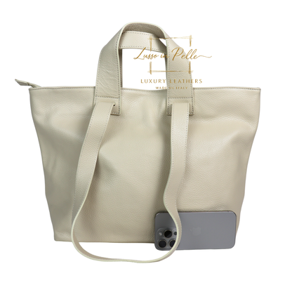 Large Grain Leather Tote Bag with Top Handle and Long Straps