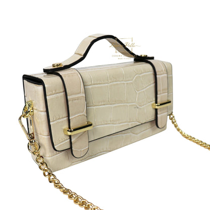 Croc-Embossed Leather Top Handle Bag with Gold Chain Strap