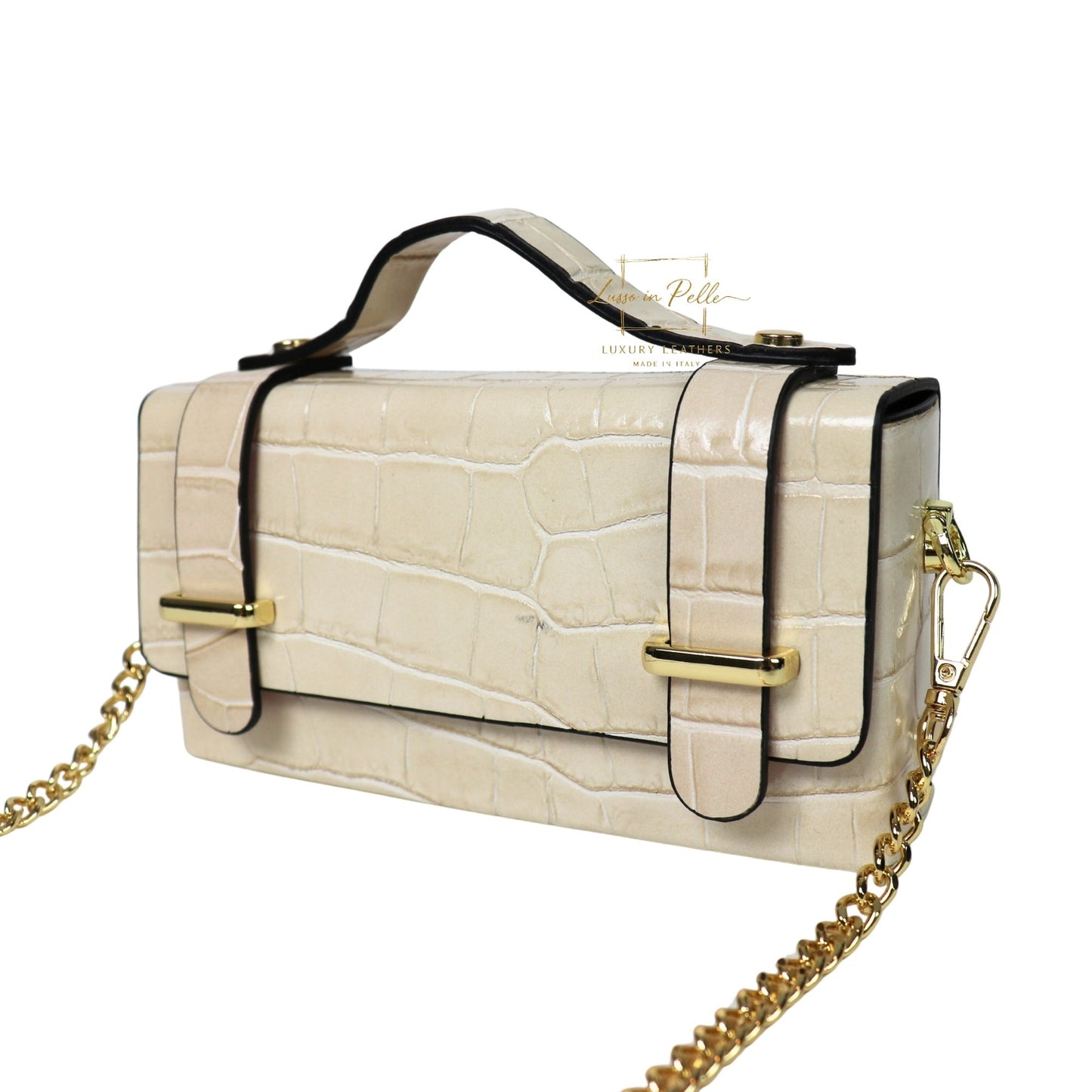 Croc-Embossed Leather Top Handle Bag with Gold Chain Strap