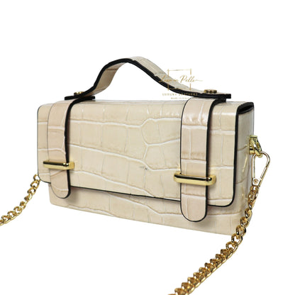 Croc-Embossed Leather Top Handle Bag with Gold Chain Strap