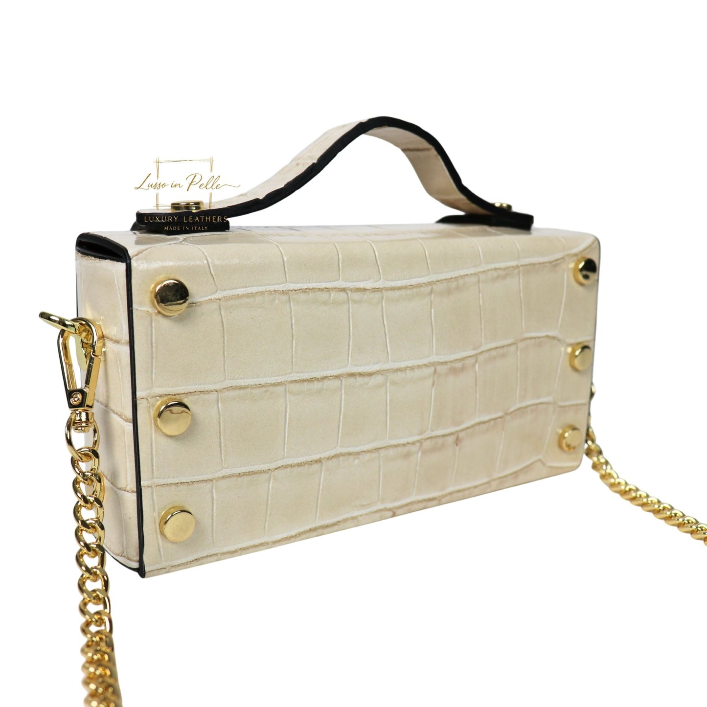 Croc-Embossed Leather Top Handle Bag with Gold Chain Strap