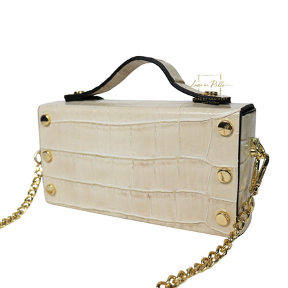 Croc-Embossed Leather Top Handle Bag with Gold Chain Strap