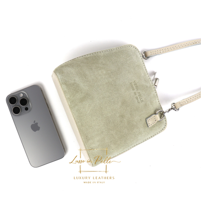 Small Suede Front Grain Leather Handbag with Detachable Straps