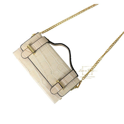 Croc-Embossed Leather Top Handle Bag with Gold Chain Strap