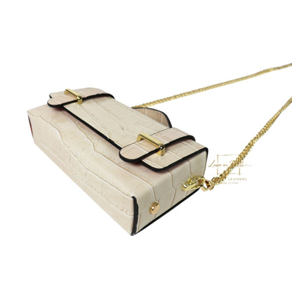 Croc-Embossed Leather Top Handle Bag with Gold Chain Strap