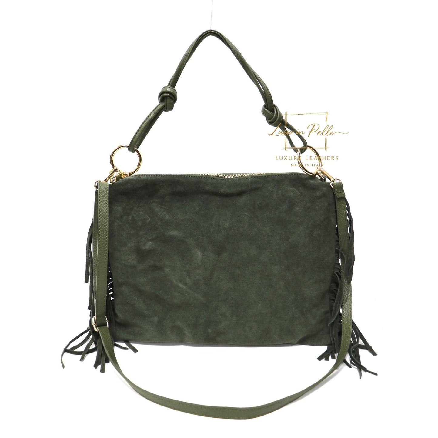 Medium Italian Suede Fringe Bag with Shoulder and Crossbody Straps: Handmade Genuine Cowhide Suede Flat Purse