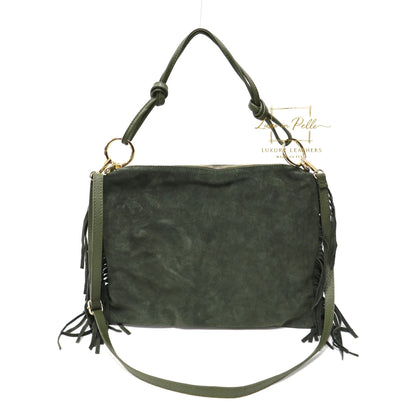Medium Italian Suede Fringe Bag with Shoulder and Crossbody Straps: Handmade Genuine Cowhide Suede Flat Purse
