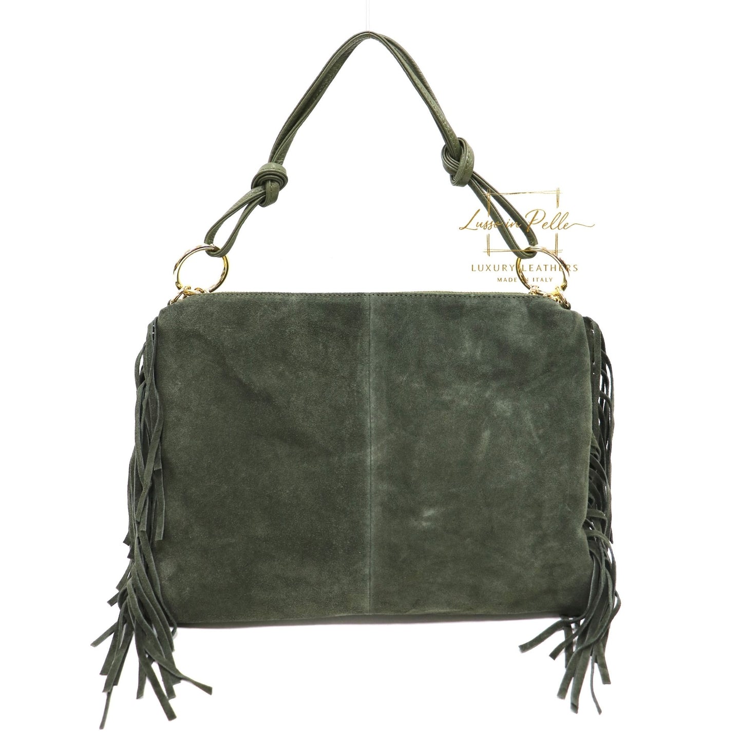 Medium Italian Suede Fringe Bag with Shoulder and Crossbody Straps: Handmade Genuine Cowhide Suede Flat Purse