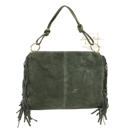 Medium Italian Suede Fringe Bag with Shoulder and Crossbody Straps: Handmade Genuine Cowhide Suede Flat Purse