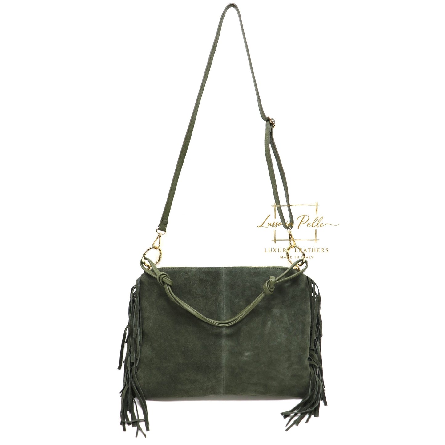 Medium Italian Suede Fringe Bag with Shoulder and Crossbody Straps: Handmade Genuine Cowhide Suede Flat Purse