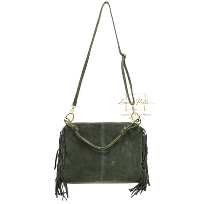 Medium Italian Suede Fringe Bag with Shoulder and Crossbody Straps: Handmade Genuine Cowhide Suede Flat Purse