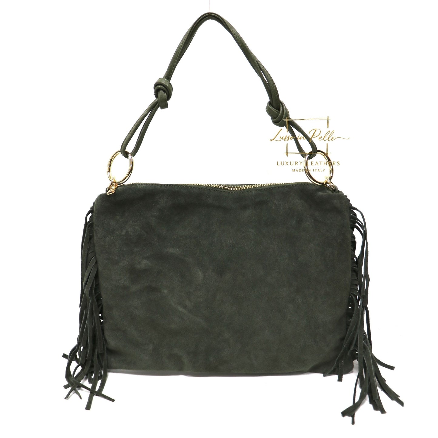 Medium Italian Suede Fringe Bag with Shoulder and Crossbody Straps: Handmade Genuine Cowhide Suede Flat Purse