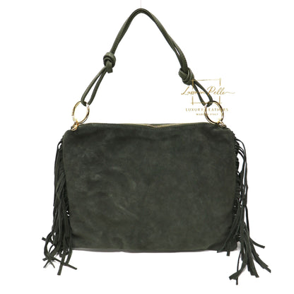 Medium Italian Suede Fringe Bag with Shoulder and Crossbody Straps: Handmade Genuine Cowhide Suede Flat Purse
