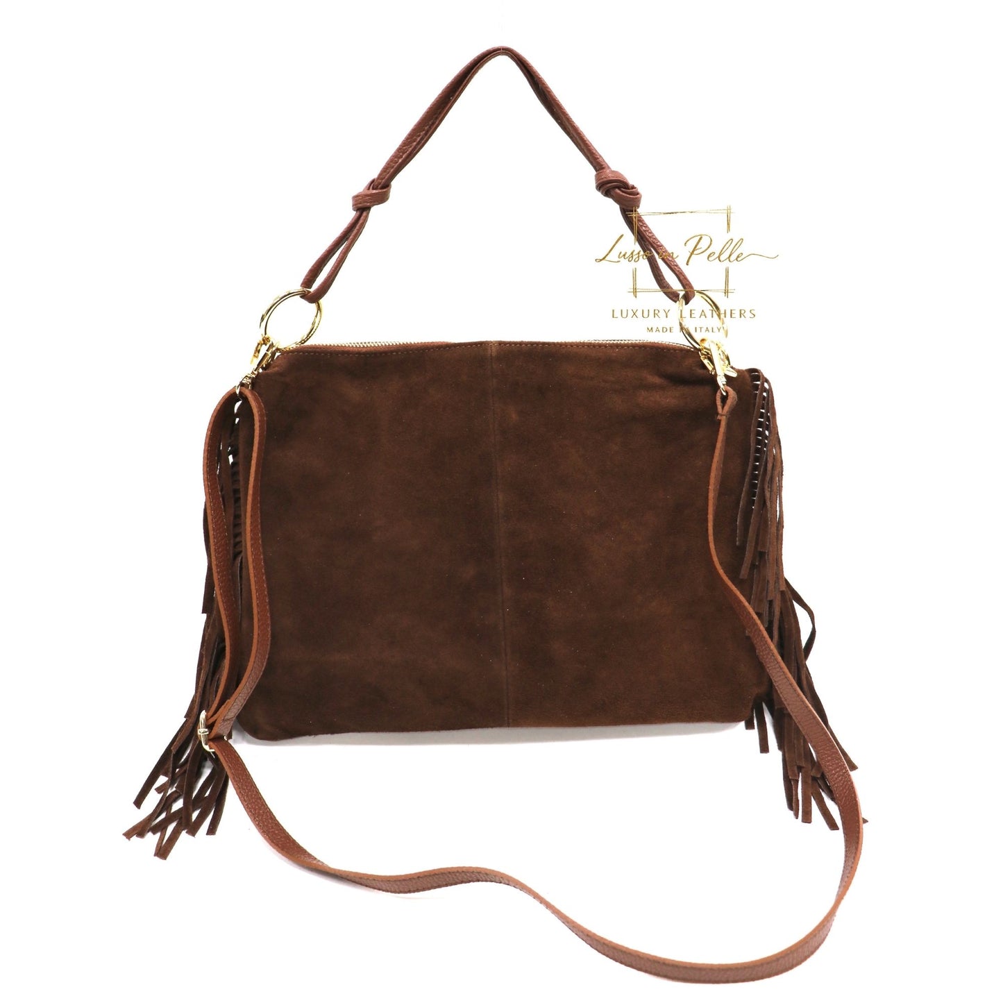 Medium Italian Suede Fringe Bag with Shoulder and Crossbody Straps: Handmade Genuine Cowhide Suede Flat Purse