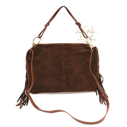 Medium Italian Suede Fringe Bag with Shoulder and Crossbody Straps: Handmade Genuine Cowhide Suede Flat Purse