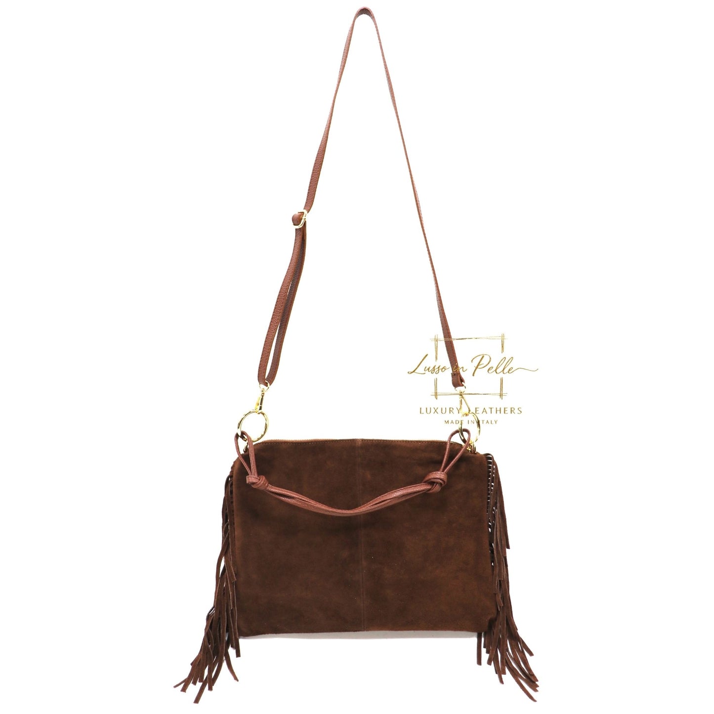 Medium Italian Suede Fringe Bag with Shoulder and Crossbody Straps: Handmade Genuine Cowhide Suede Flat Purse