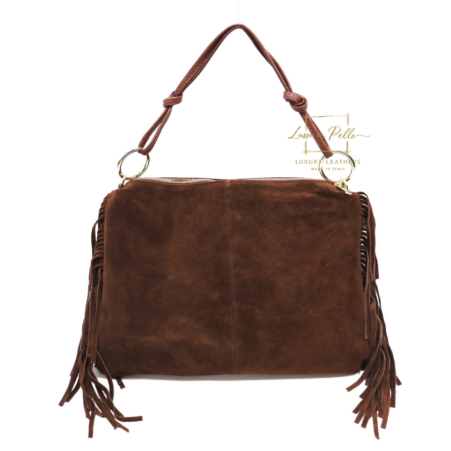 Medium Italian Suede Fringe Bag with Shoulder and Crossbody Straps: Handmade Genuine Cowhide Suede Flat Purse